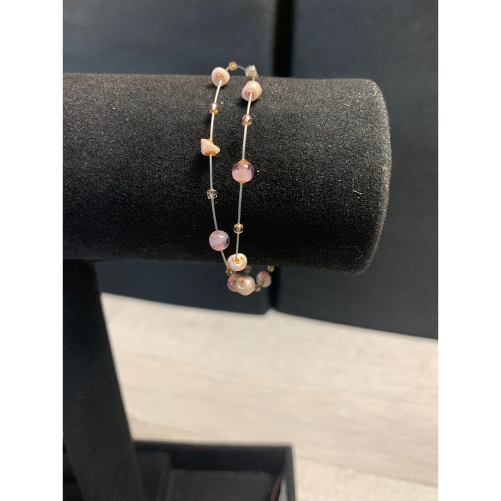 Pink Freshwater Pearl Glass Bead Double Strand Illusion Bracelet Silver Tone